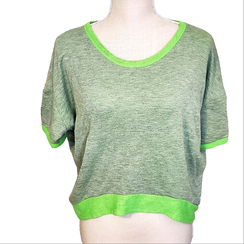 PINC | Women's lime-green terrycloth short-sleeve cropped-front sweater top.